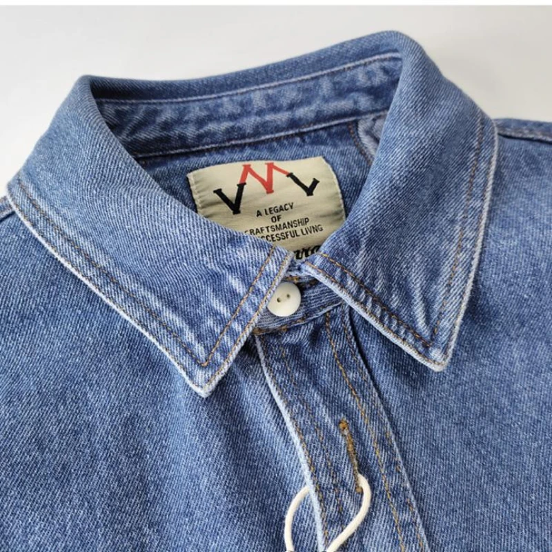 100% bawełna wiosenna i jesienna rozrywka retro kwadratowy kołnierzyk koszula dżinsowa sprany prosty gruby, odporny na zużycie dżinsowy płaszcz z długimi rękawami
