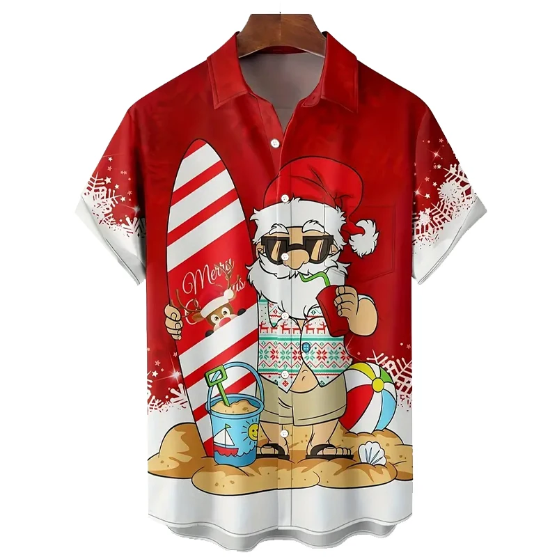 Camisa masculina de botão manga curta, bolso no peito, tecido respirável, padrão festivo, desenhos animados elegantes de Papai Noel e Alce, feriado