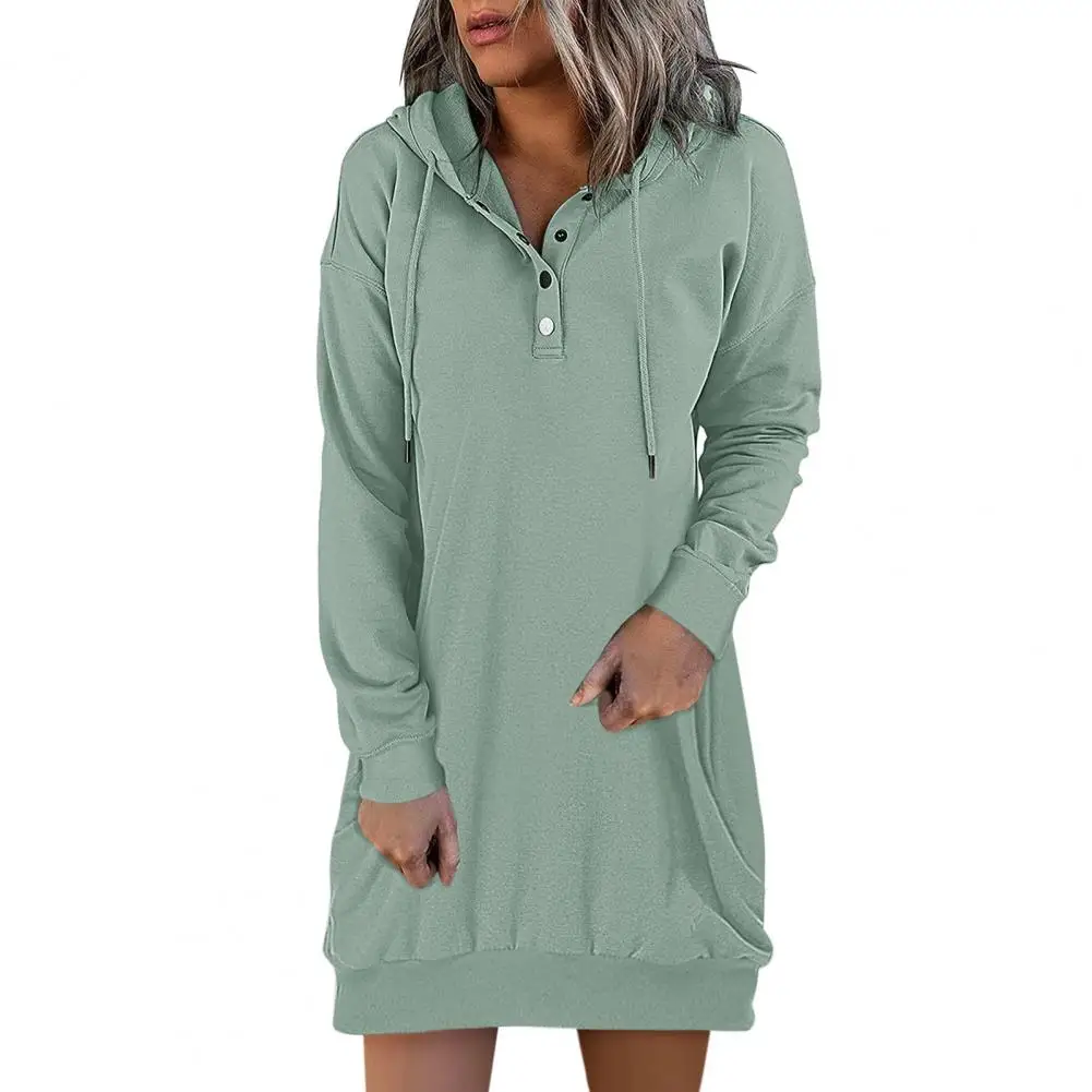 Women\'s Casual Hooded Dress Fall Long Sleeve Sweatshirt Button Down Neck Drawstring Pullovers Lightweight Hoodies Dress худ