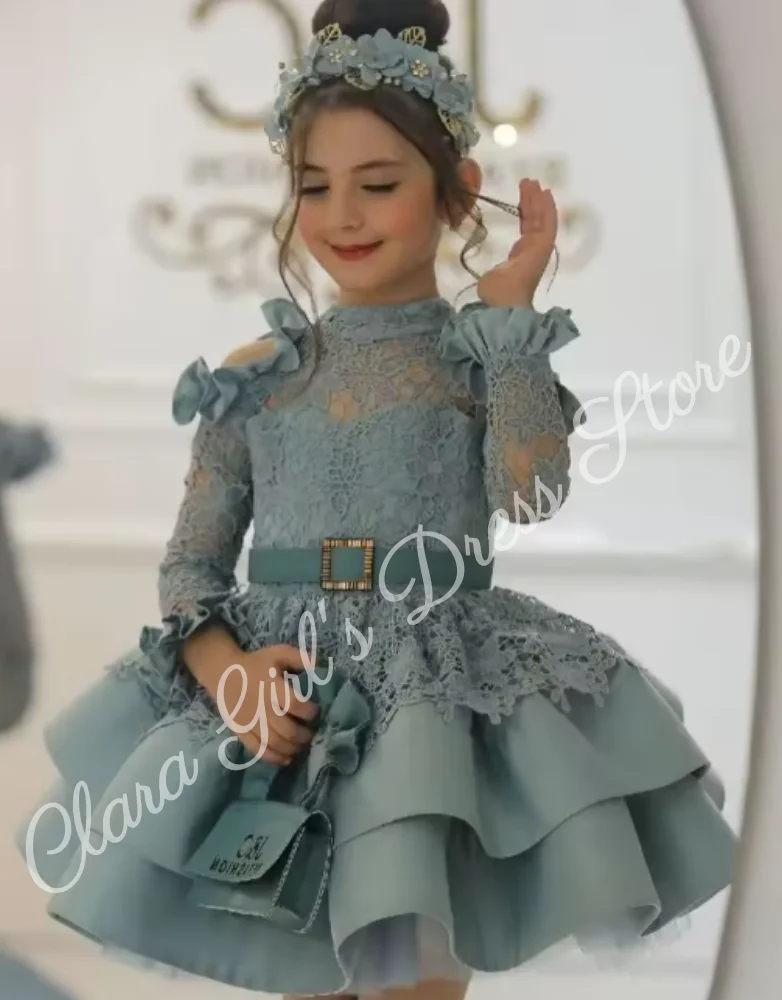 Vestido elegante de princesa con flores para niña, vestido de boda de encaje hasta la rodilla de satén para niña, vestido de primera comunión para fiesta de cumpleaños