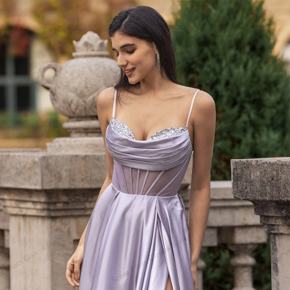 Purple Strapless Evening Dresses with Pleat Sleeveless Spaghetti Straps Prom Gowns for Girls 2025 Summer New Robe De Soirée