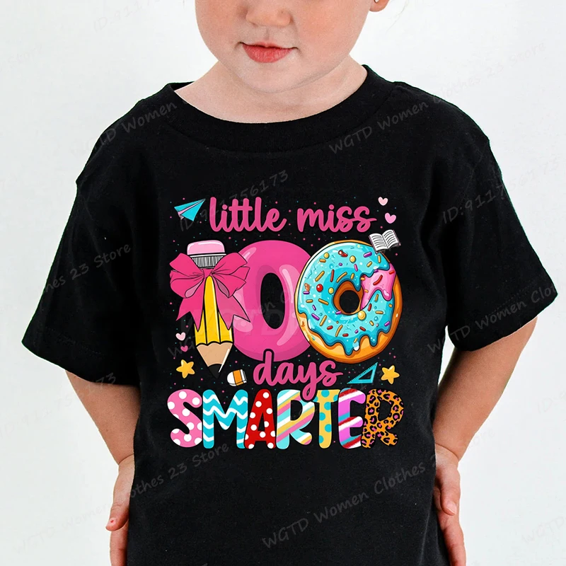 

Little Miss 100 Days Smarter T-shirt, 100 Days Of School T-shirts, Summer Casual Short Sleeve Round Neck Tops, Girls' T-shirts