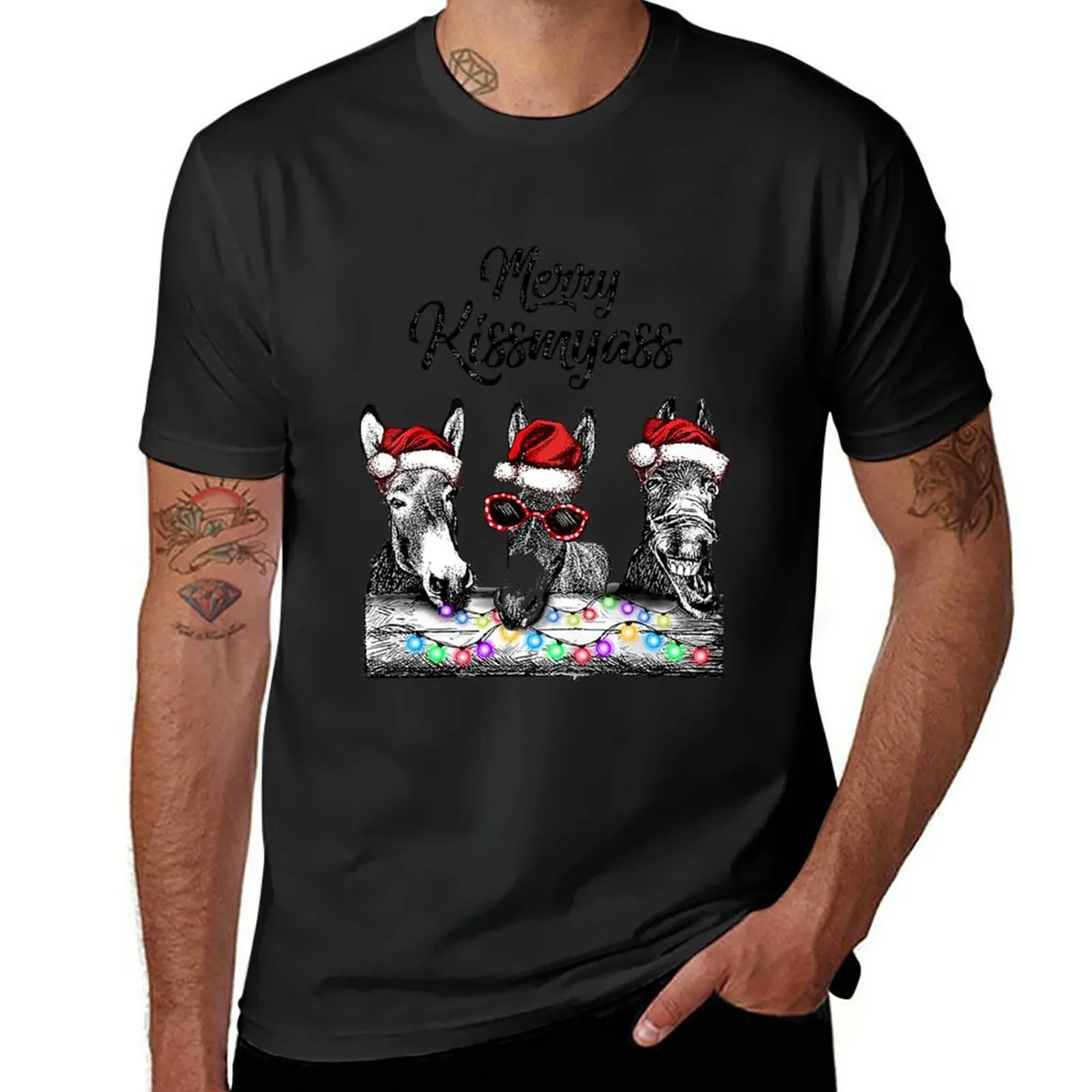 

Merry Kissmyass Donkey Santa Hat String Lights Christmas T-Shirt custom t shirts black t shirt plain black t shirts men