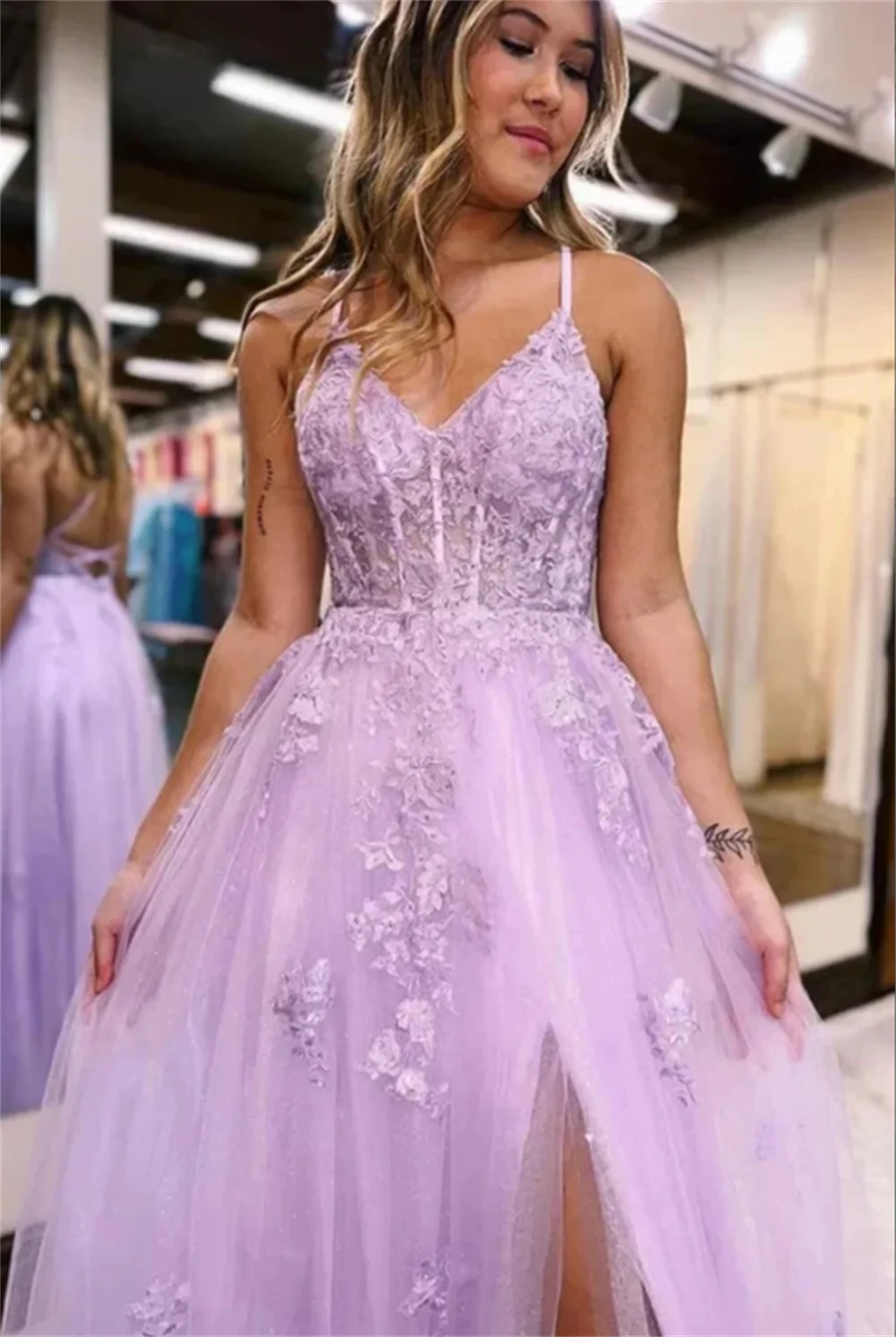 Annie-vestido de noche morado con tirantes finos para mujer, traje de tul bordado con línea A para fiestas, 2024