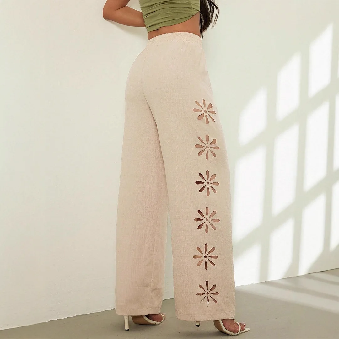 بنطال نسائي عصري عالي الخصر كاجوال مجوف بلون سادة لخريف 2025