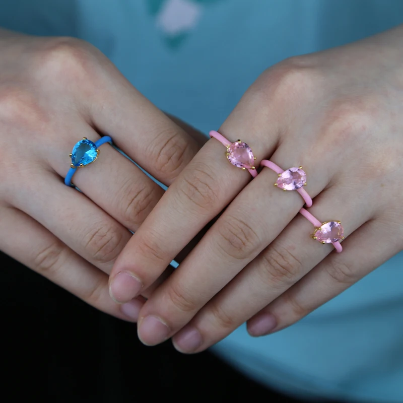 Pastel Enamel Geometric Tear Drop Bright Birthstone Colorful Engagement Wedding Band Ring For Women 2022 New