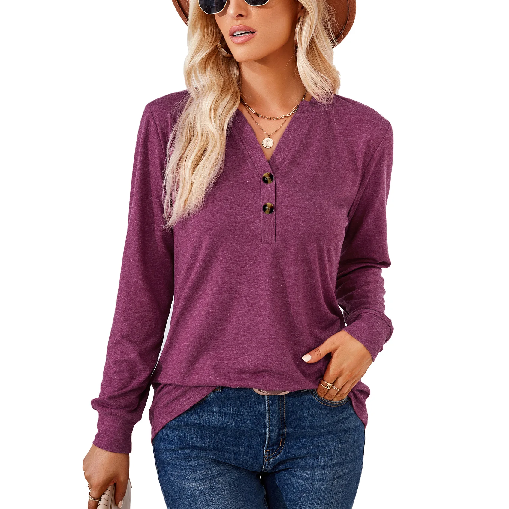 

Autumn Winter Women's T-shirt Solid Color V-neck Fashion Casual Buttons Loose Long-sleeved Elegant Pullover Top for Female