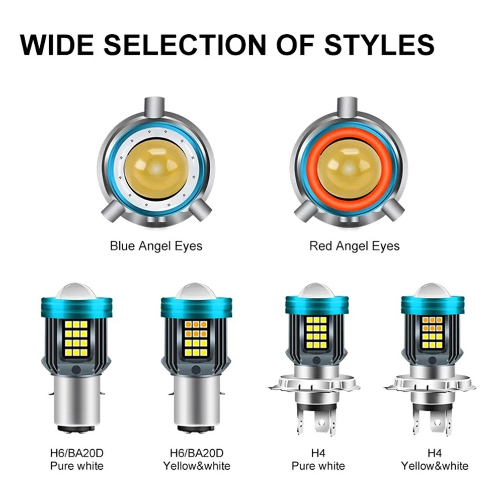 Led h4 ba20d led 오토바이 h4 led 헤드라이트, 천사의 눈 플래시 라이트 옐로우, 흰색 하이/로 렌즈 스포트라이트, 운전 조명, 12V-80V