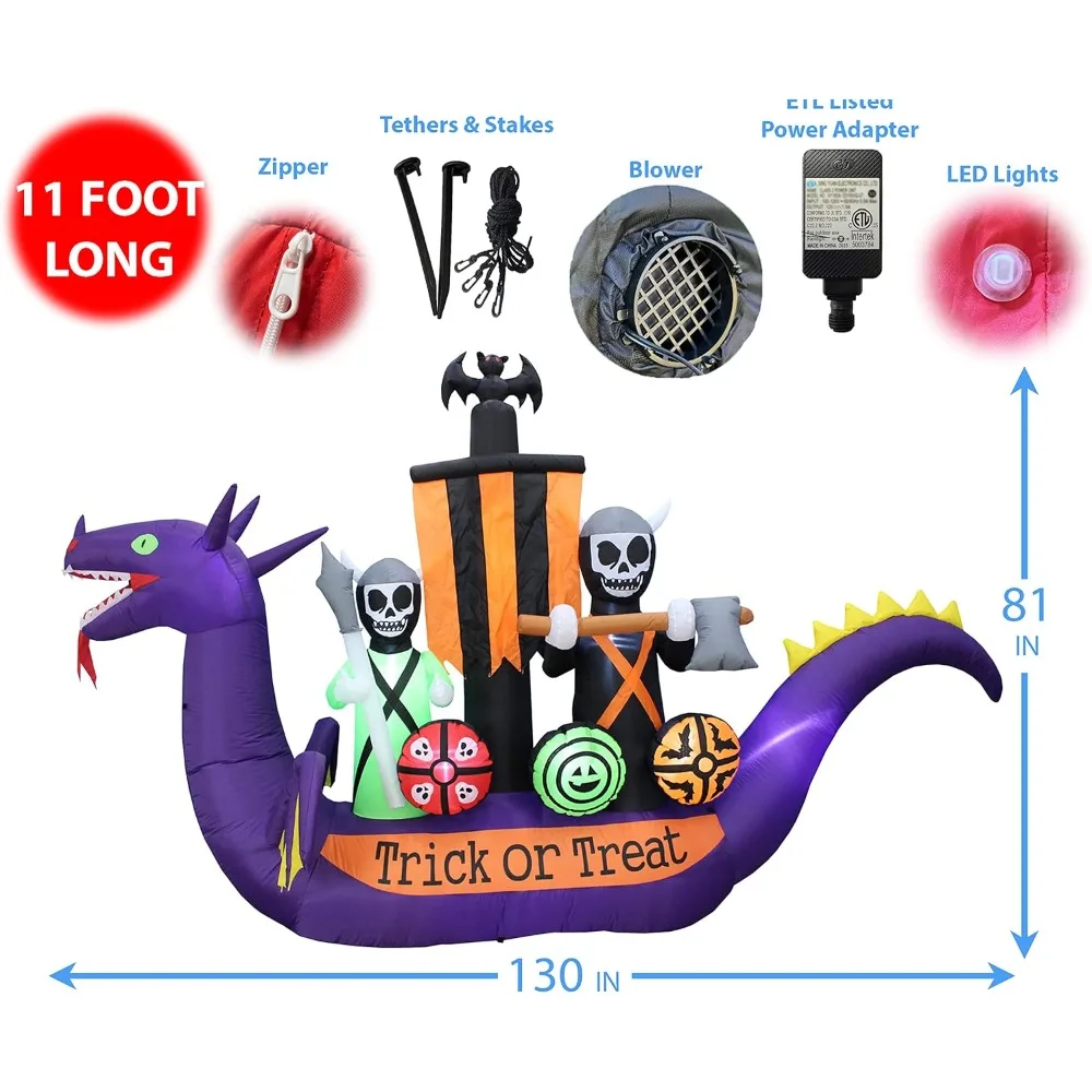 11 Foot Long Halloween Inflatables Outdoor Decorations with LED, Dragon Pirate Ship Skeletons Bat, Blow Up Halloween Decorations