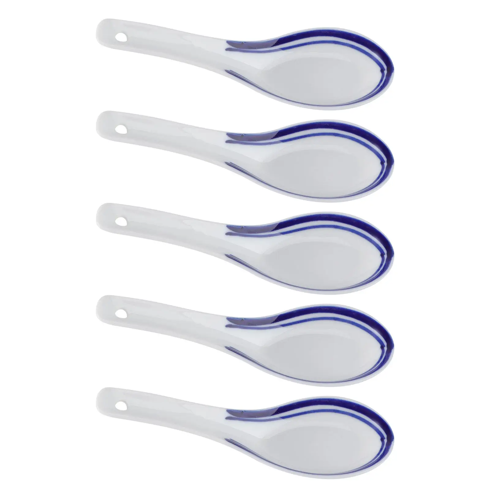 5Pcs Elegant Blue and White Chinese Style Spoon Versatile Ceramic Scoop for Hot Soup Porridge Udon Wonton Tong Sui Serving