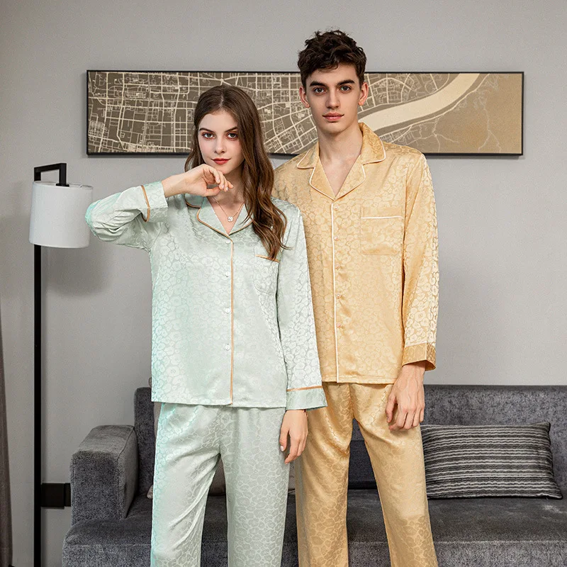 High Quality Pajamas Set Women Men Summer Ice Silk Long Sleeved Pants Thin Satin Homewear Suit Male Famle Couple Pyjamas Teen