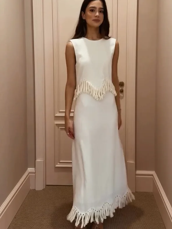 

Women's Tassel Sleeveless Vest Skirt 2 Piece Set Slim Fit A-Line Waist Skirt Short Top Solid Color Elegant Casual Lady Clothes