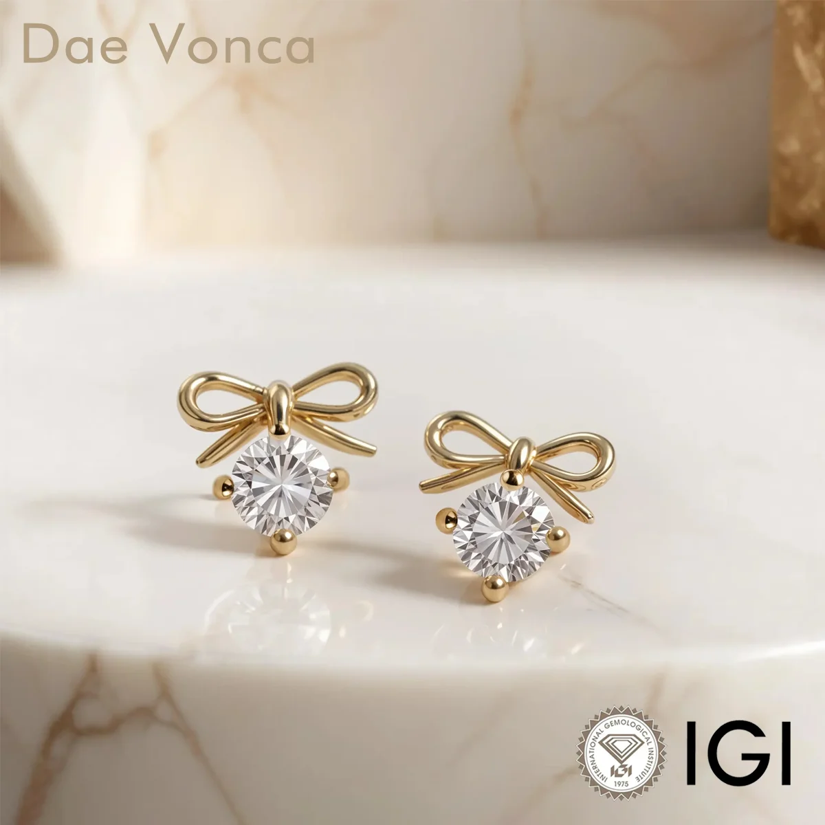 Bow Shaped Lab Grown Diamond Earrings 9K/14K/18K Yellow Gold IGI Certified Round Cut Lab Created Diamond Stud Earrings For Women