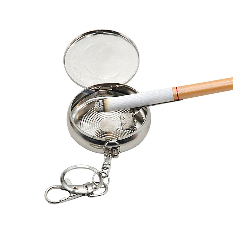 Mini Pocket Stainless Steel Pocket Ashtray Vehicle Round Shaped Ashtray Portable with Silver Key Chain Smoking Accessories
