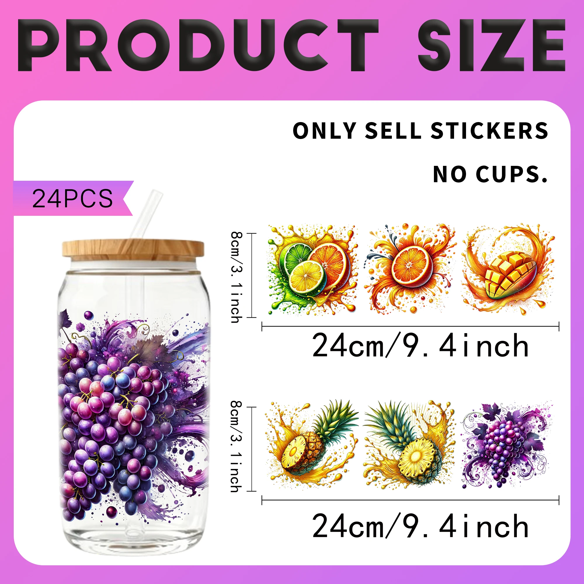24PCS/Set Fruit Splashes P1  Themed UV DTF 16OZ DIY Transfer Sticker For 16OZ Water Bottles Glass Bottles Laptops Home Decoratio