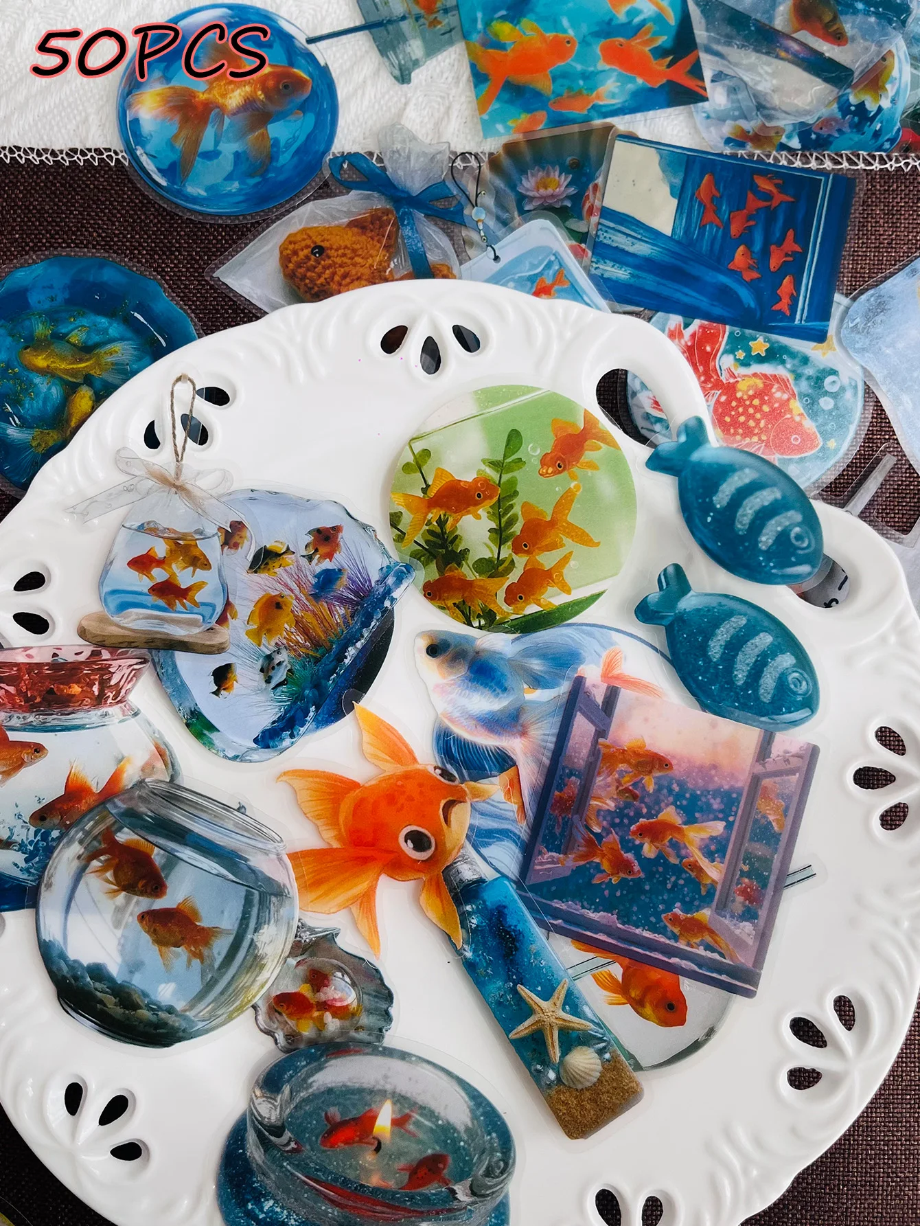 50pcs Goldfish Aesthetic Stickers, Waterproof Transparent Decals, Suitable for Water Bottles, Scrapbooks, Laptops, Luggage DIY
