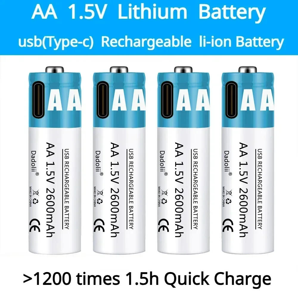 AA Battery 1.5V AA 2600mAh USB rechargeable li-ion battery for remote control mouse small fan Electric toy battery + Cable