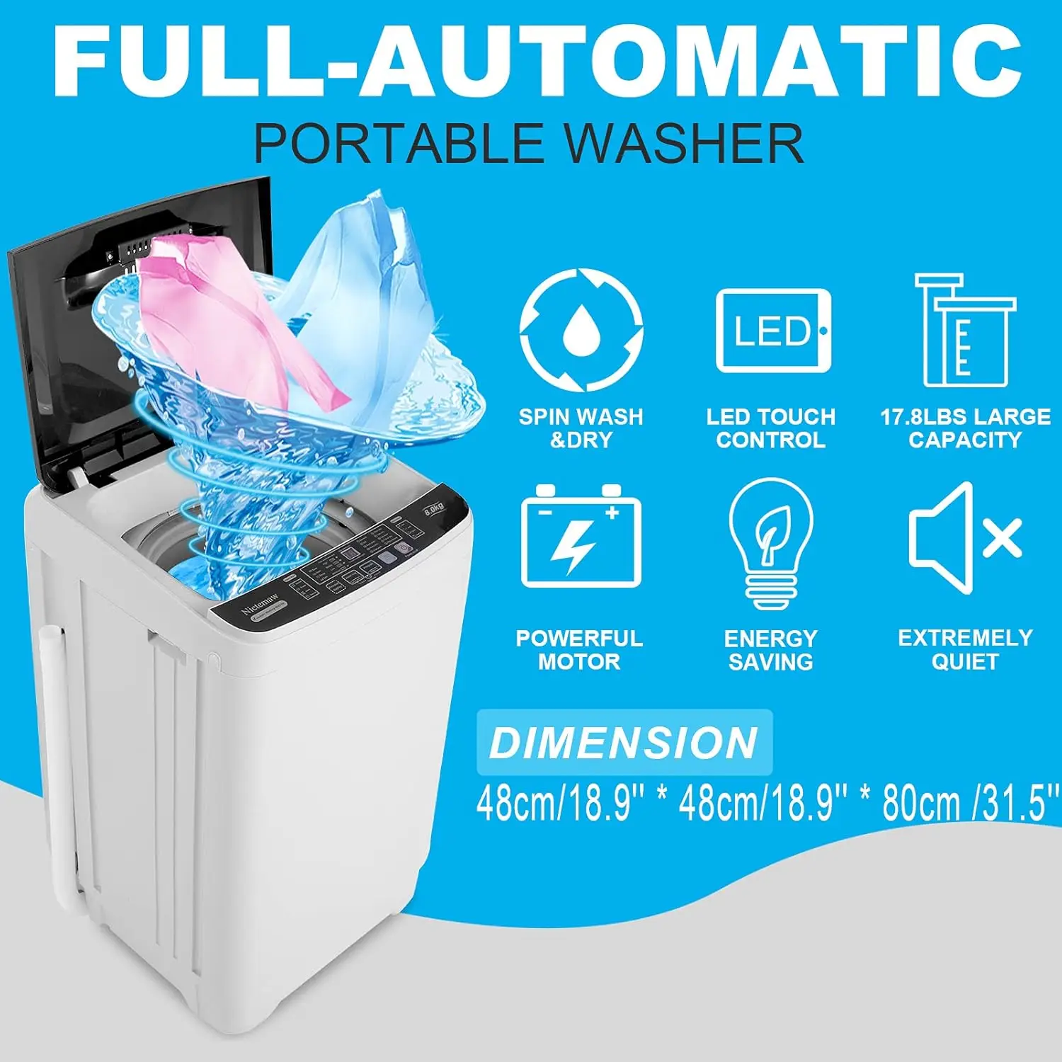 17,6 Lbs Capaciteit Draagbare Wasmachine Met Afvoerpomp, 10 Wasprogramma 'S/Led Display/8 Waterstanden/Kraan Adapter, 2.3 Cu. Ft