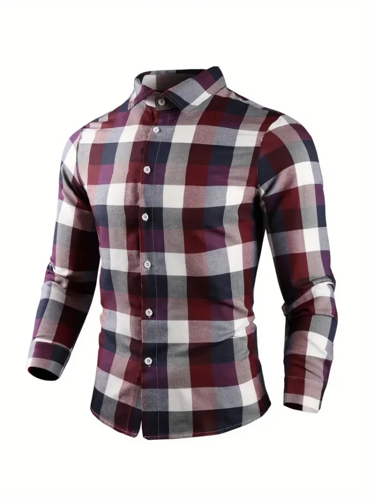 2025 nueva camisa informal a cuadros de manga larga con cuello levantado para hombre, ropa de moda para viajes de negocios para las cuatro estaciones