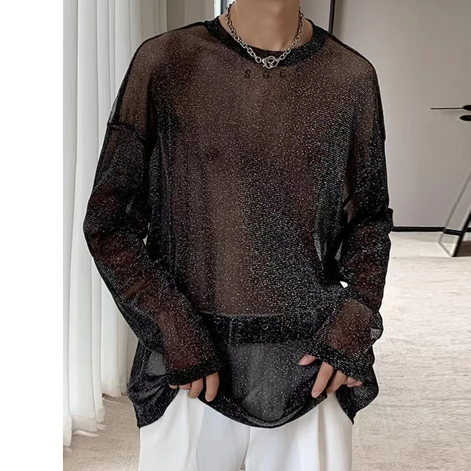 

Mesh T-shirt Men's Sexy Top O Neck Pullover Shiny Long Sleeve Tshirt Men's See-through Clothing Lightweight Breathable Nightclub