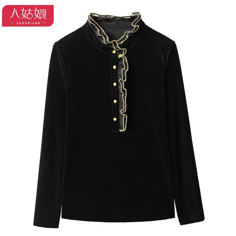 Gold Velvet Slimming Women\'s Long Sleeve Spring and Autumn New Fashionable Black Fungus Edge Inner Top with Velvet T-shirt Base