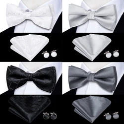Set di gemelli Hanky con papillon da uomo in seta Hi-Tie bianco nero grigio argento papillon con nodo a farfalla Pre-legato per affari di nozze maschili