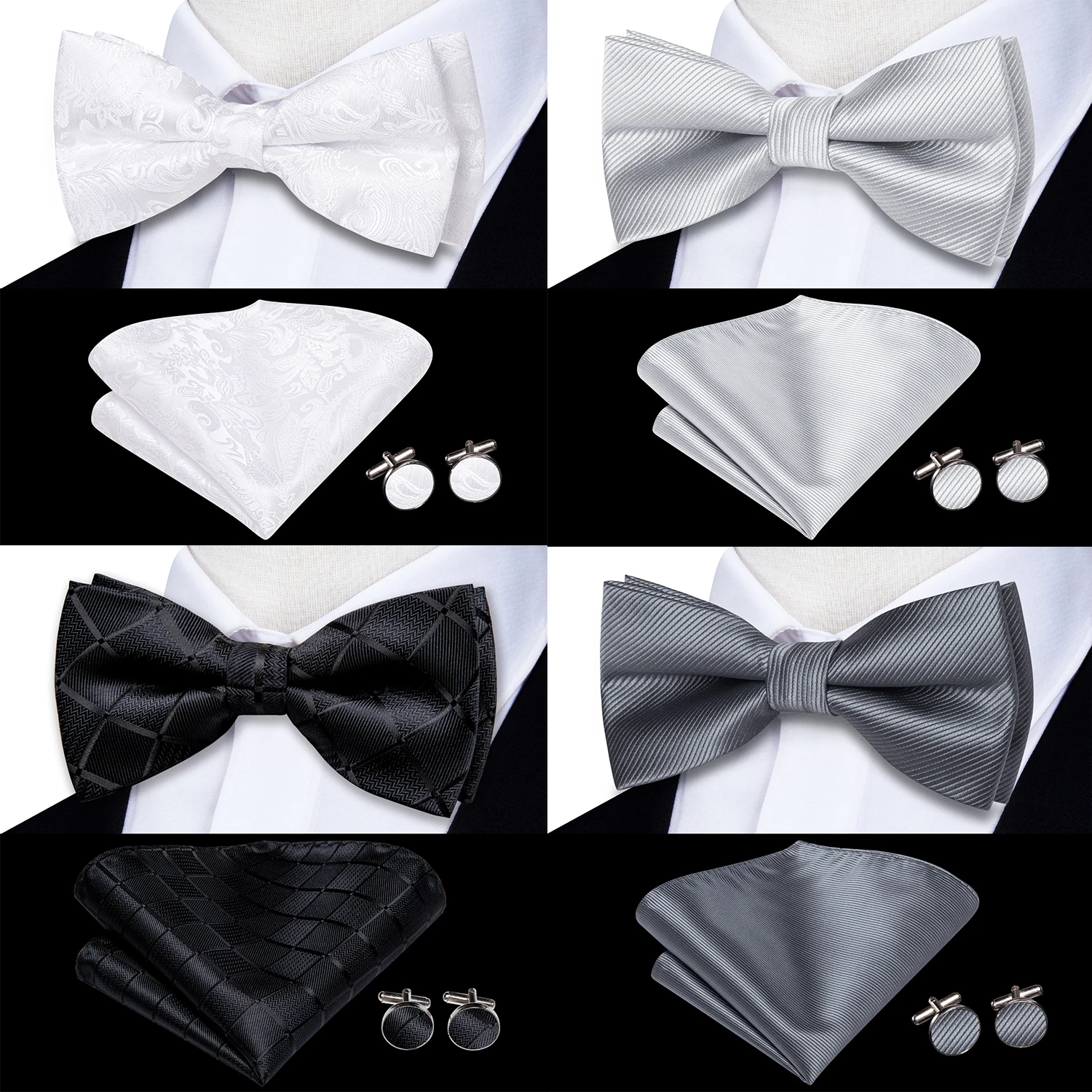 Hi-Tie Mens Bow Tie Hanky Cufflinks Set White Black Gray Silver Pre-tied Butterfly Knot Bowtie for Male Wedding silk Business