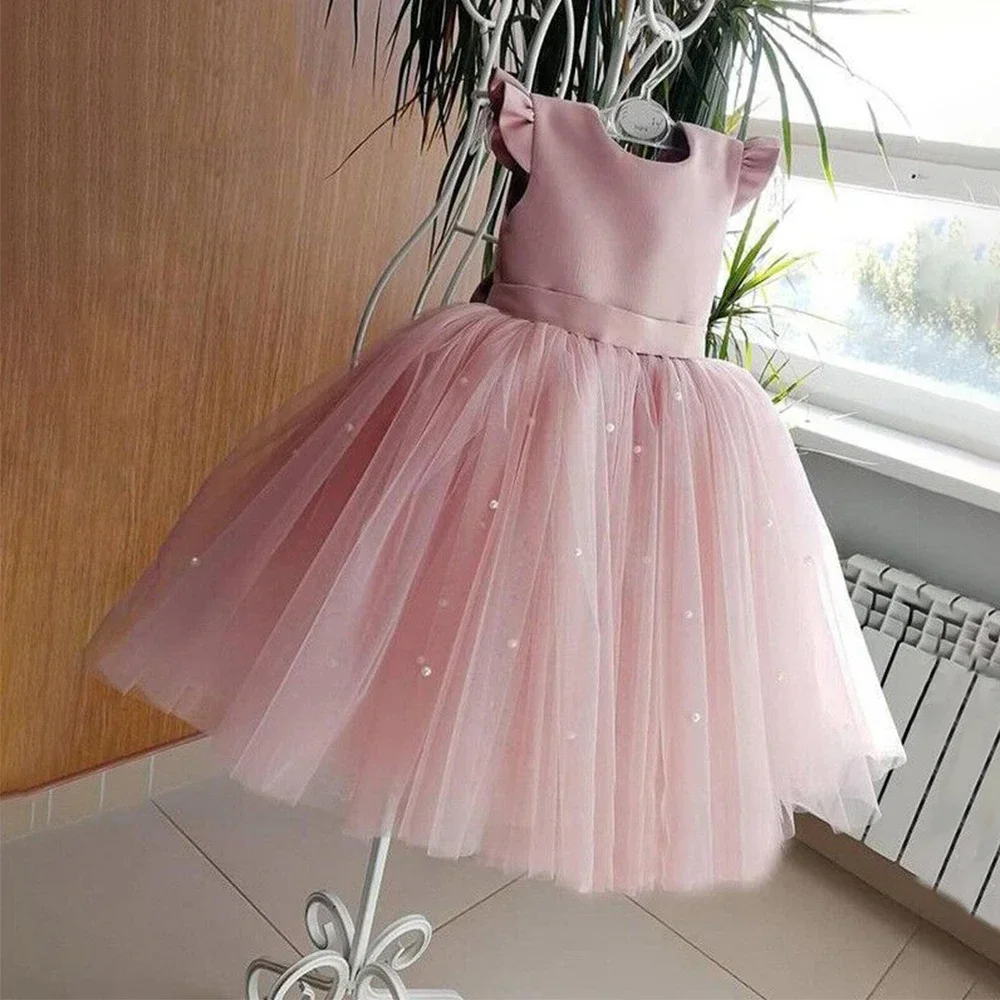 Vestido de flor para crianças pequenas, vestido de casamento infantil, desempenho de malha simples, saia fofa de comprimento médio