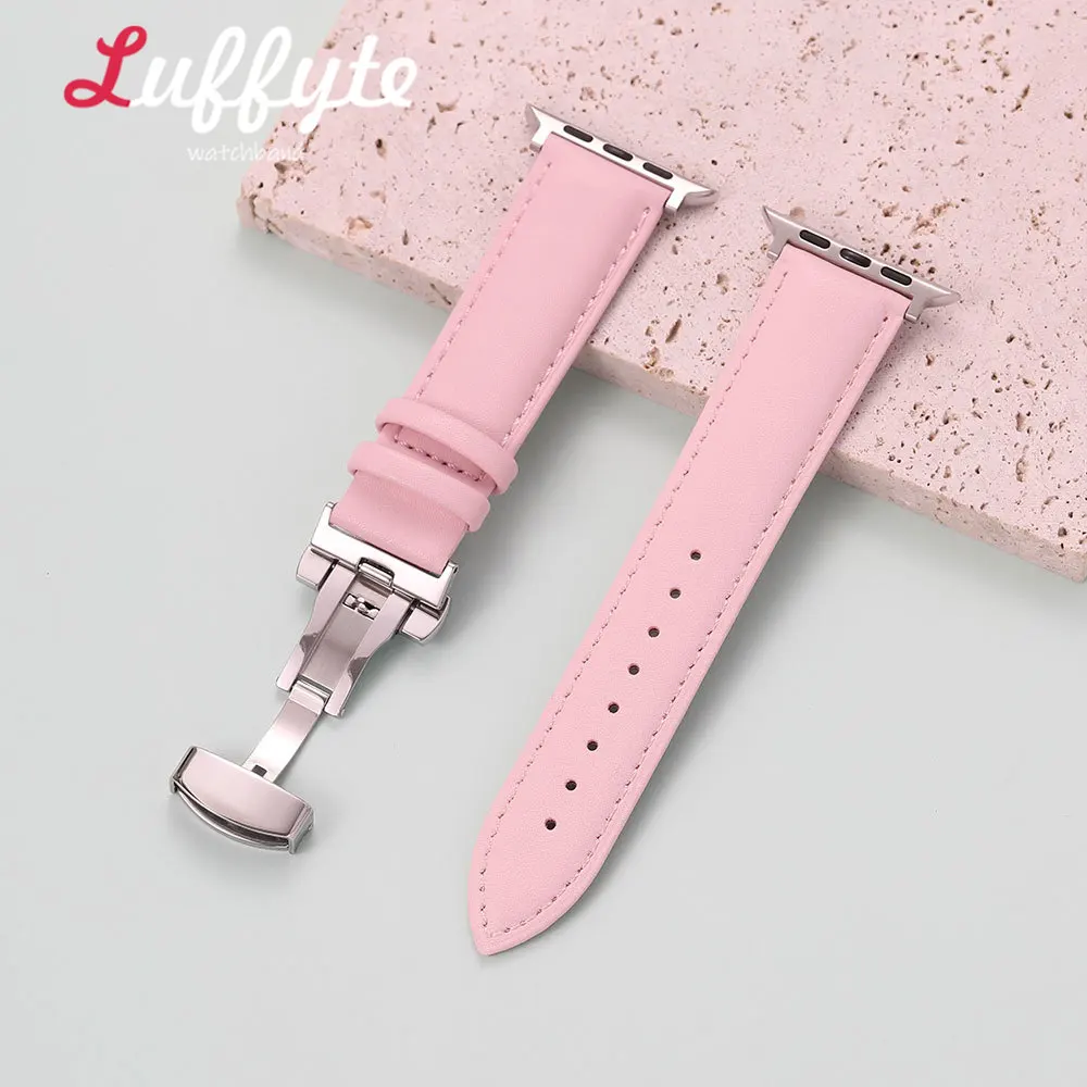 Damen-Armband aus PU-Leder mit Schmetterlingsschnalle, bequem für Apple Watch Serie 1-11 Ultra SE, Uhrenarmband für iWatch 38-49 mm