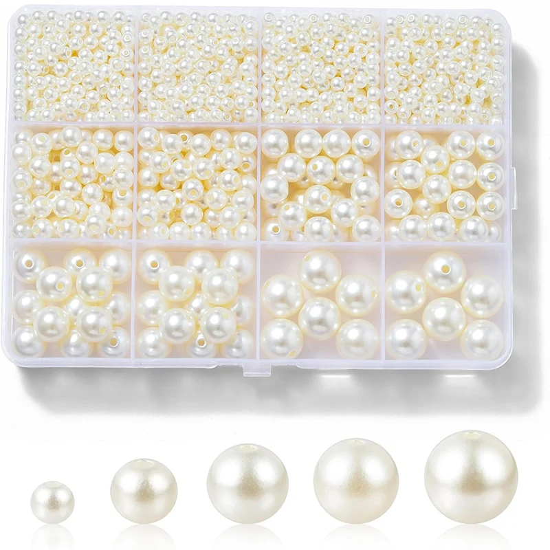 1200Pcs Resin Pearl Beads Kit 5 Sizes Round Small Pearl Filler Beads with Hole for DIY Craft Necklaces Earrings Bracelets Making