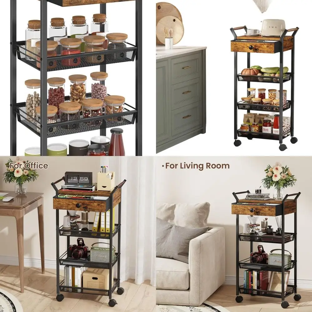 

Sturdy Rolling Storage Cart with Lockable Wheels, Drawer, and Table Top for Kitchen, Bath, Craft, and Makeup, Rustic Brown