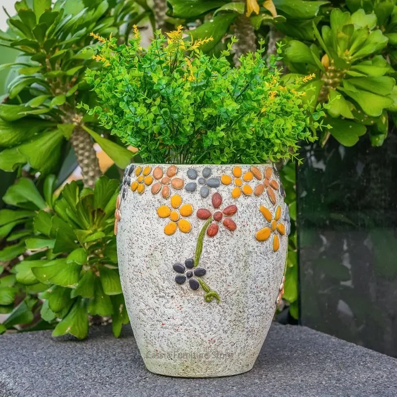 *&s Stone Flower Pot for Outdoor Garden Yard, Planter for Villa Courtyard Patio, Natural Rock Container , Rustic Home Accent