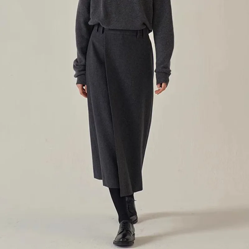 Spódnica damska HKSH Jesień Zima Nowa Kolekcja Asymetryczny Krój Jednolity Kolor Koreańska Elegancka Spódnica Biurowa w Kształcie Litery A z Wełny HK11744