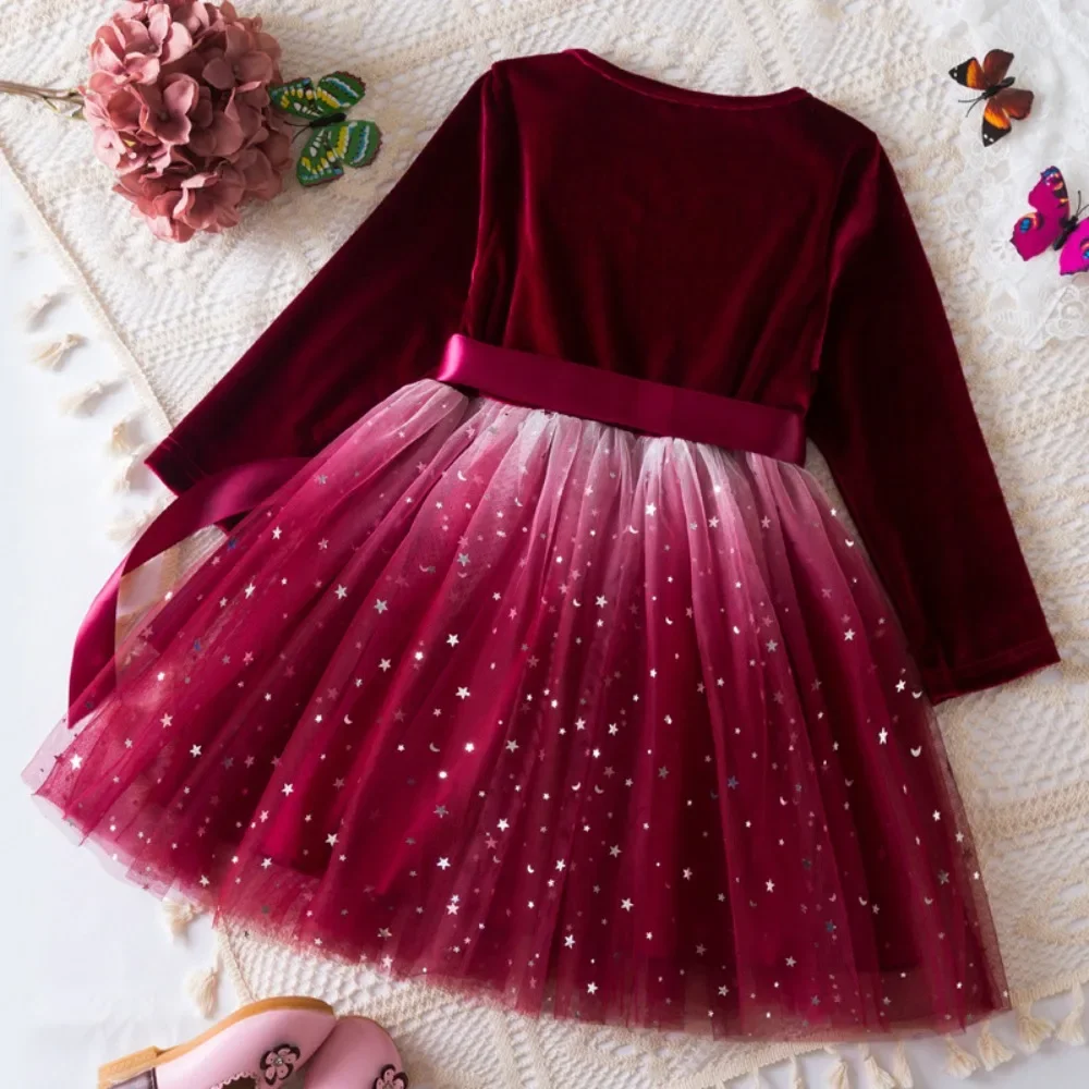 

2025 Autumn Winter Long Sleeved Christmas Girls Dresses Korean Version Star Gradient Mesh Princess Dress Christmas Red Kids Wear