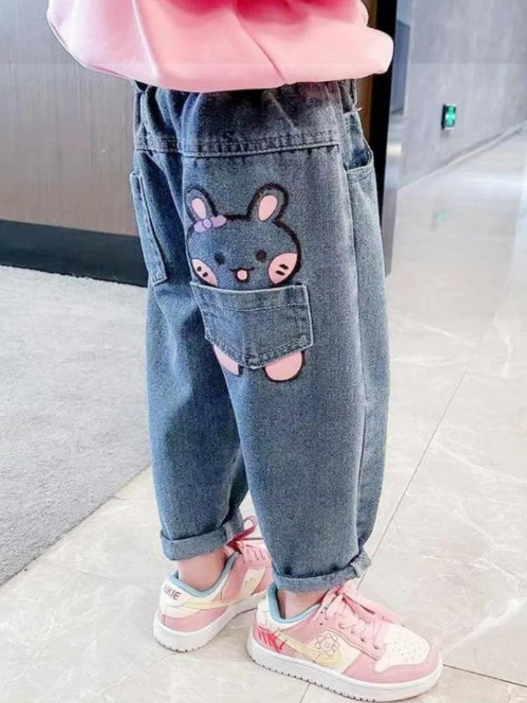 Mädchen-Jeans mit elastischer Taille, modische Denim-Hose mit Hasen-Print, Frühlings- und Herbsthose, lässige Kleidung für Mädchen von 2-10 Jahren – Detail 5