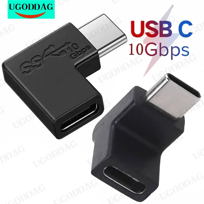 Adaptador USB tipo C para celular, conector portátil, conversor macho para fêmea, Macbook Laptop, 10Gbps, 90 graus