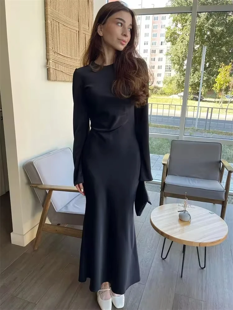 Robe Maxi Slim en Satin pour Femme, Manches sulf, Taille Haute, Élégante, Couleur Unie, Tenue de Soirée Décontractée, Luxe, Automne