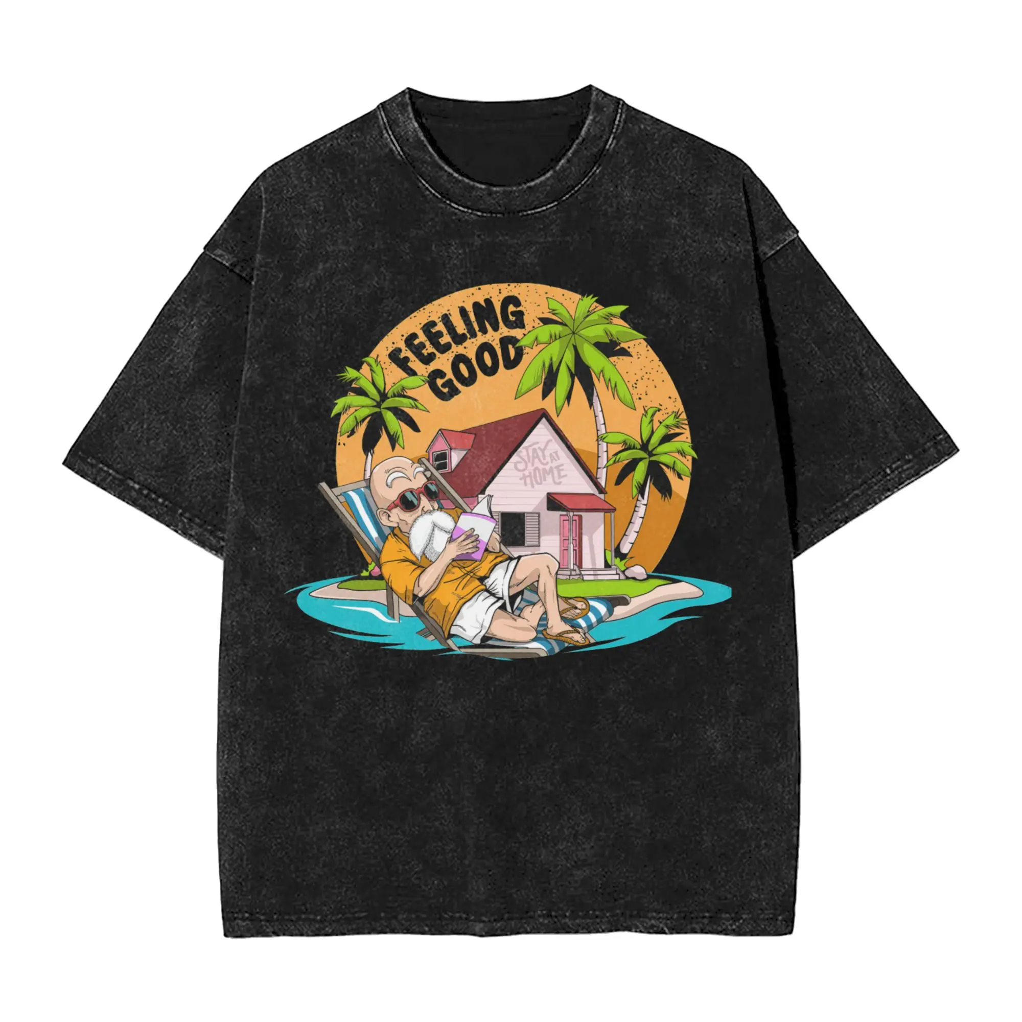 Master Roshi Feeling Good Washed T Shirt Streetwear Hip Hop Vintage T-Shirt Dragon Ball Z Tees Tops for Men Cotton Street Summer