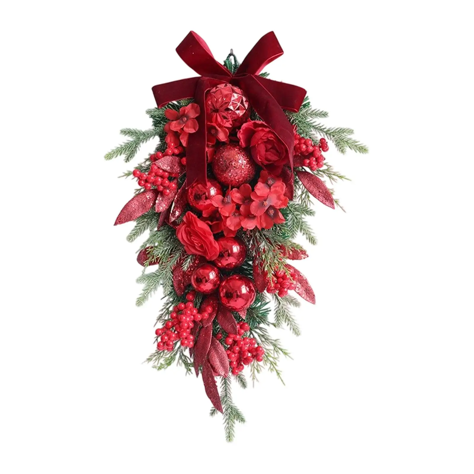 

Christmas Teardrop Swag Artificial Wreath Decorated with Bowknot Balls Garland for Holiday Home Indoor Outdoor Wedding Office