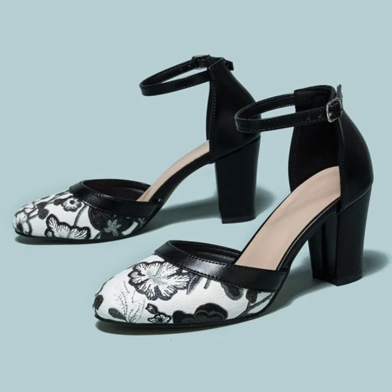 

Женские туфли на высоком каблуке в стиле ретро с круглым носком и ремешком на щиколотке, повседневные женские туфли-лодочки больших размеров 43, модные женские босоножки на массивном каблуке