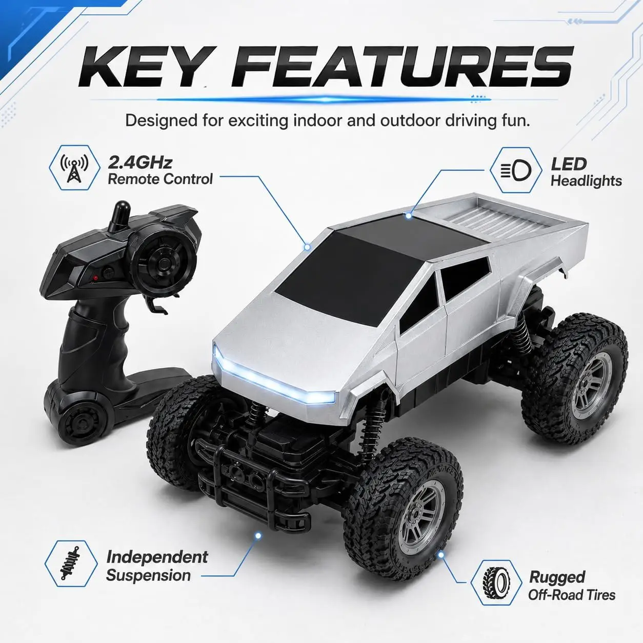1:18 RC Car Remote Control Truck for Kids, 2.4GHz 4WD Off Road Vehicle with LED Lights, All Terrain Racing Pickup Toy for Boys
