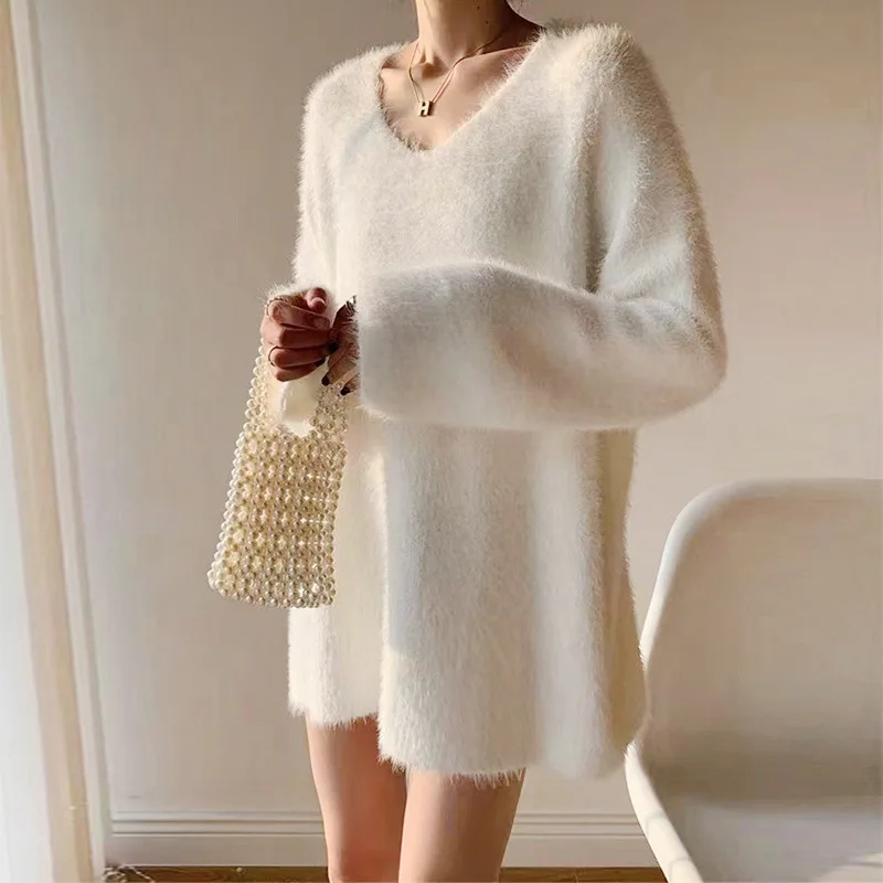 

V-neck Knit Sweaters Y2k Crochet Kintted Sweater Women Fur Y2k Top E-girl Pullovers Korean Spring Autumn Winter Jumper Sueter