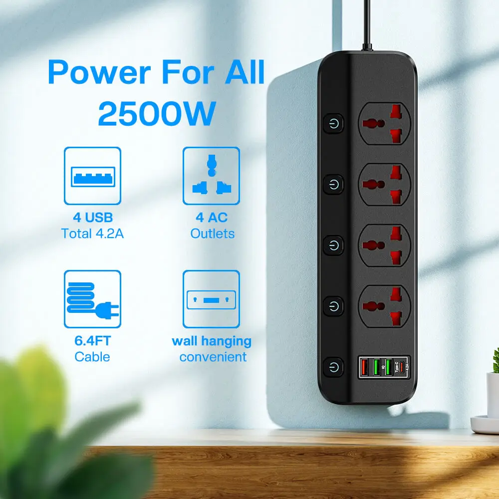 2500W Smart Power Strip gniazdo ścienne USB z ochroną przeciwprzepięciową 1.97m przedłużacz typu C gniazdo USB przejściówka Adapter do domowego biura