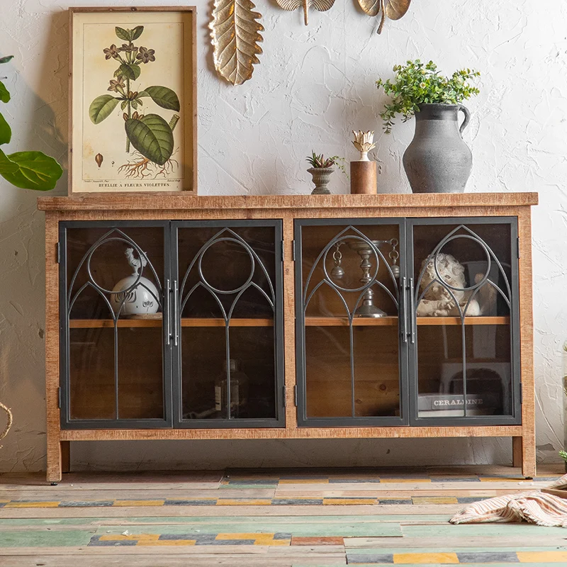 

American side cabinet Solid wood household entrance cabinet Retro country style wrought iron glass door Wine cabinet Living