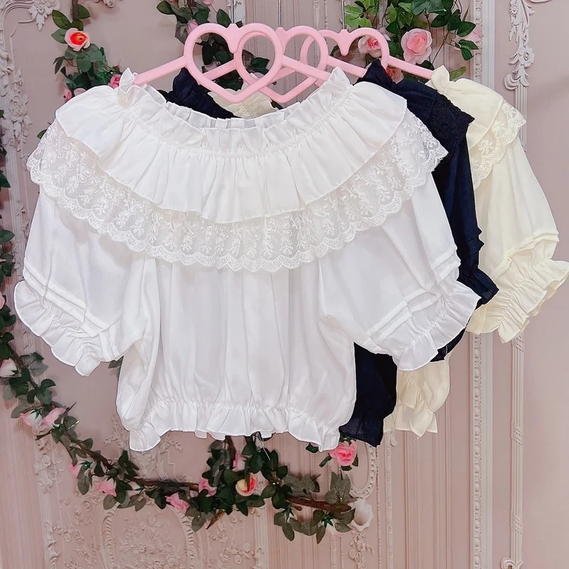 Sweet Lolita Blouses Women Cute Lace Ruffles Undershirt Short Sleeve Off Shoulder Girls Shirt Chiffon Crop Top Chic Loli Clothes