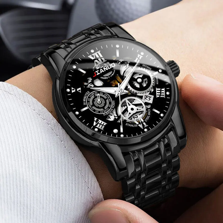 

Business men's stainless steel calendar watch with personalized hollow out non mechanical quartz watch