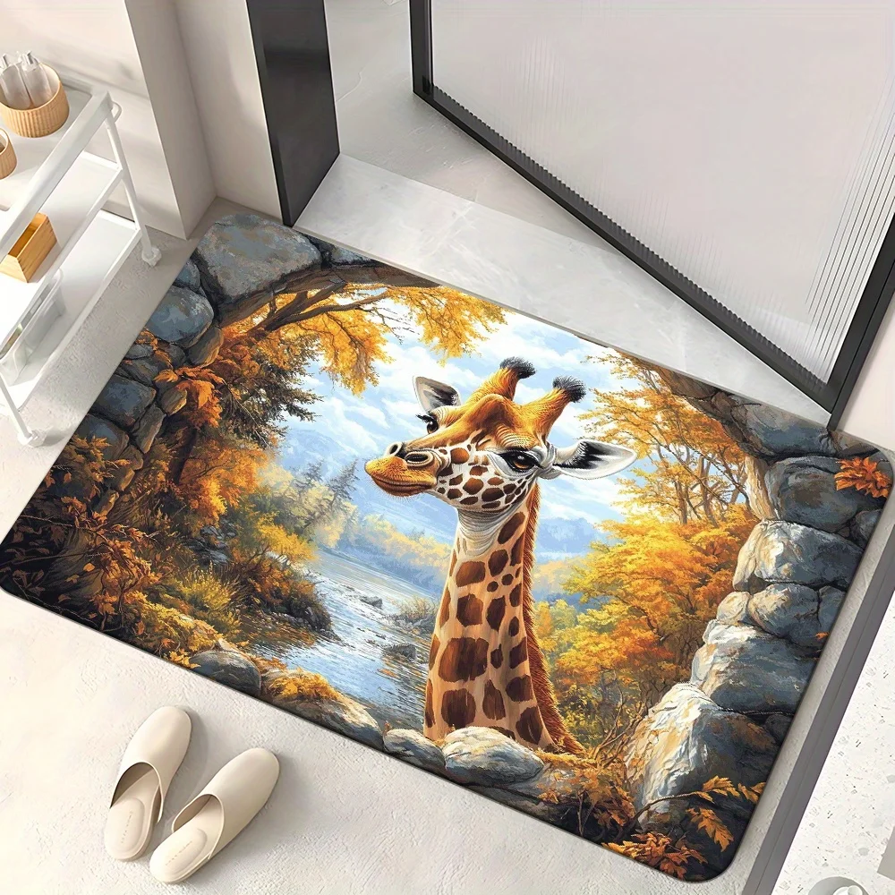Giraffe Autumn Scene Doormat – Non-Slip, Ultra-Absorbent Microfiber, Machine Washable, Ideal for Entryway, Bedroom & Living Room