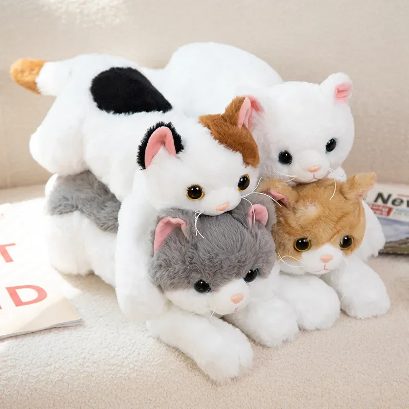 Jouet en peluche beurre de chat couché mignon réaliste, animal en peluche doux, simulation, animal de compagnie, oreiller chaton, décoration d'intérieur pour filles, cadeau d'anniversaire pour enfants