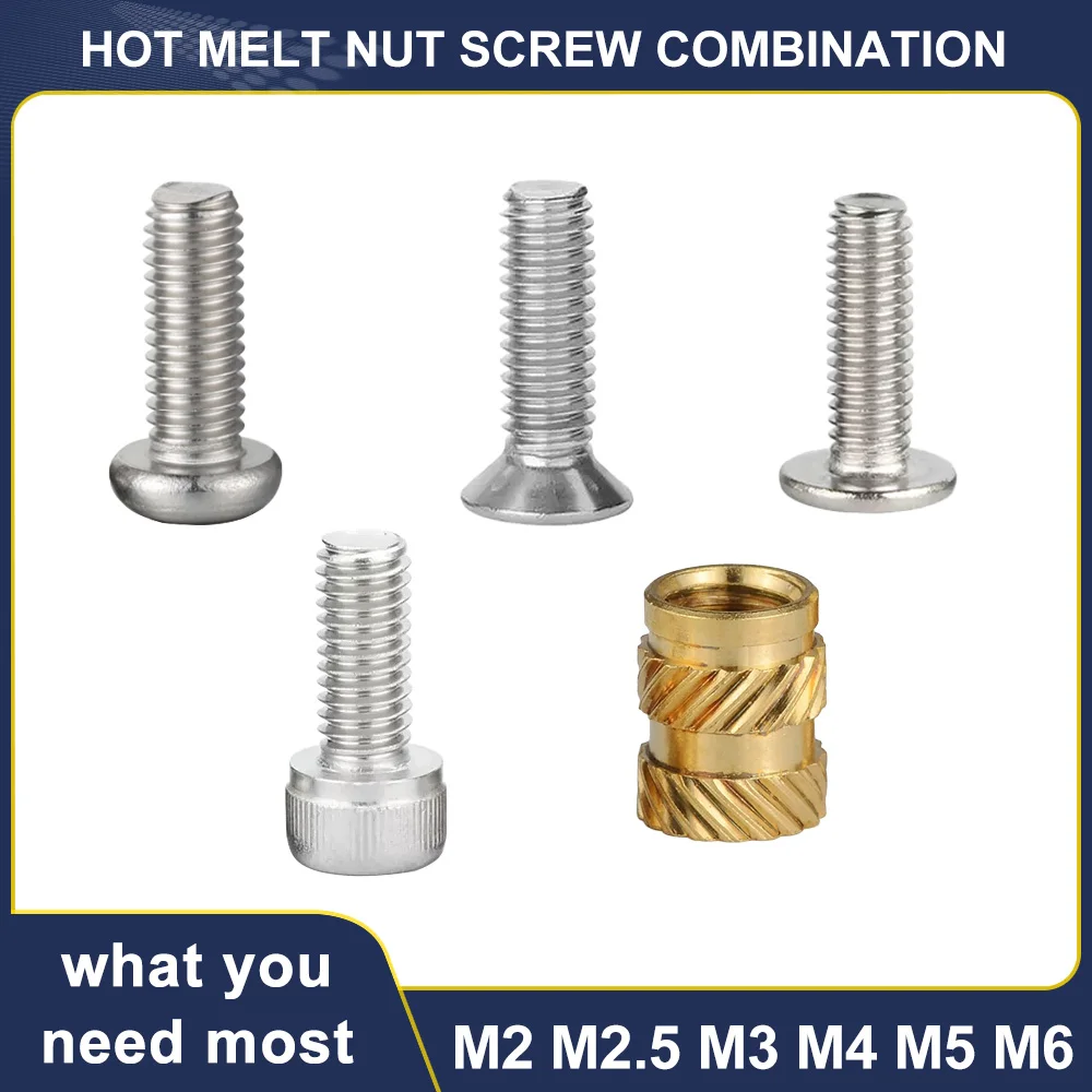 M2 M2.5 M3 M4 M5 M6 Brass Heat Threaded Insert Nut and Screw Bolt Set Knurled Hot Melt Embedded Insertion Nut of 3D Printer