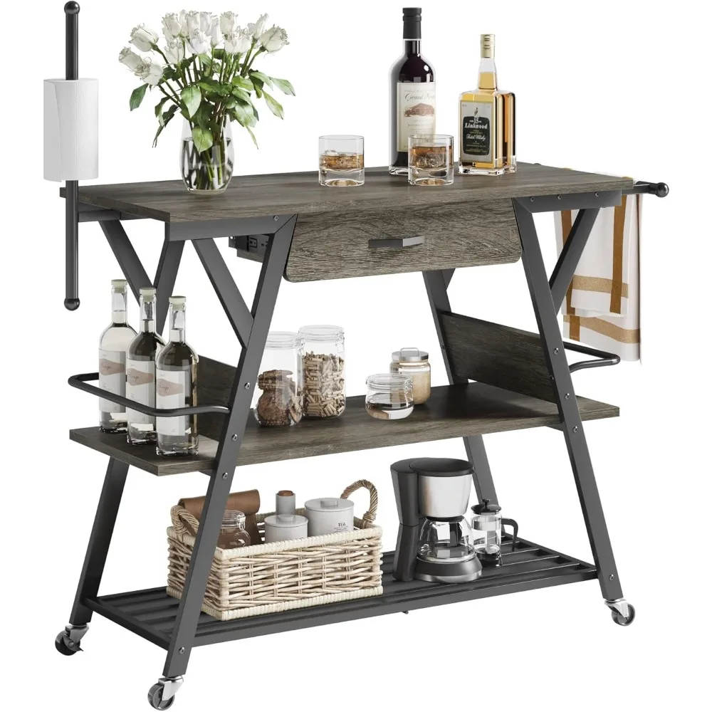 Coffee Bar Station, Kitchen Island Cart with Storage, Coffee Cart with Drawer, Paper Towel Holder and Lockable Wheels